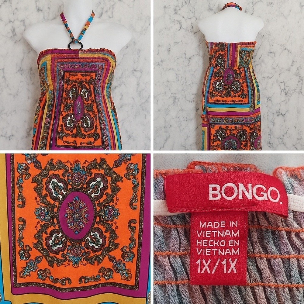 Bongo Vintage Y2K Patchwork Paisley Halter Maxi Dress Smocked Boho Festival 1X